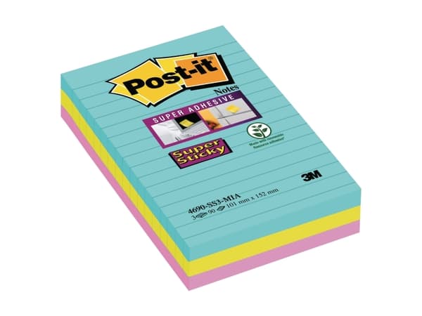 Post-it® Super Sticky Notes Cosmic, 3 linjerede blokke, 101 mm x 152 mm