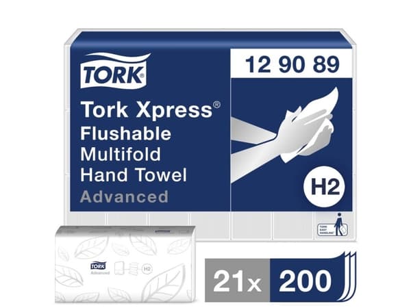 Handduksark Tork H2 Xpress Flusable 129089 2-lagig vit (kartong med 21 förpackningar om 200 ark)