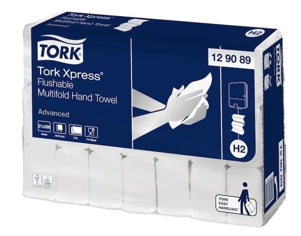 Håndklædeark Tork H2 Xpress Flusable 129089 2-lag hvid (karton á 21 pakker á 200 ark)