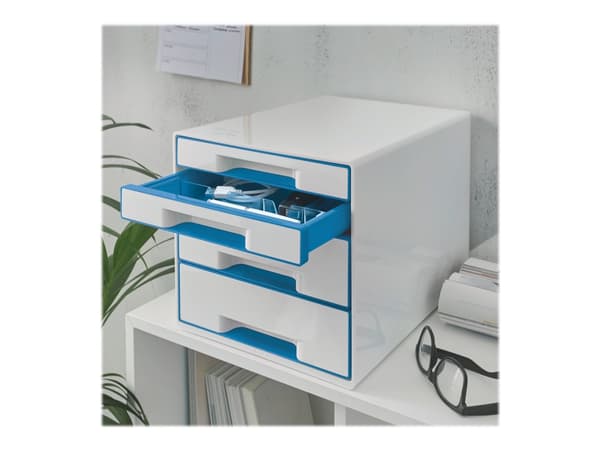 Skrivbordskub Leitz WOW 4-skuffer vit/blå