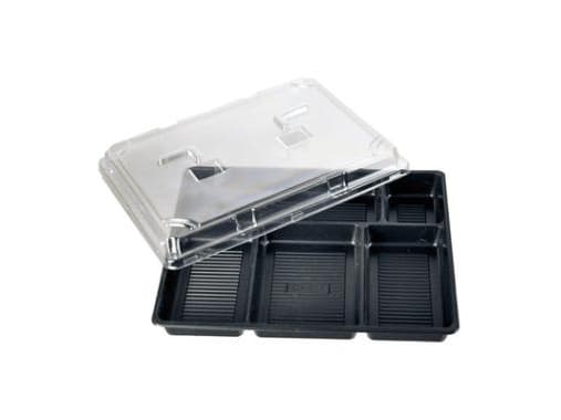 Sushibakke tapas 5-rum 287x222x40 mm PS Sort/Klart låg,2 ps x 100 stk/krt