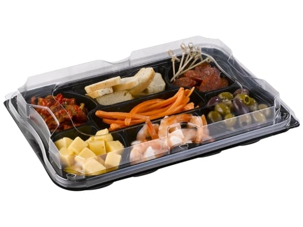 Plastbakke 7-rum 350x240 mm sort fad med løst klart låg RPET- (karton á 25 stk.)