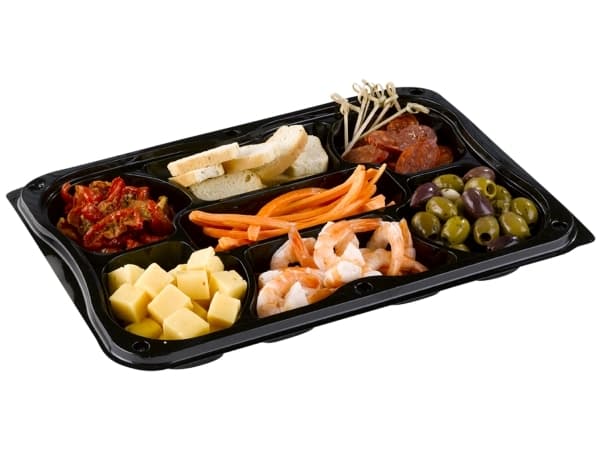 Plastbakke 7-rum 350x240 mm sort fad med løst klart låg RPET- (karton á 25 stk.)