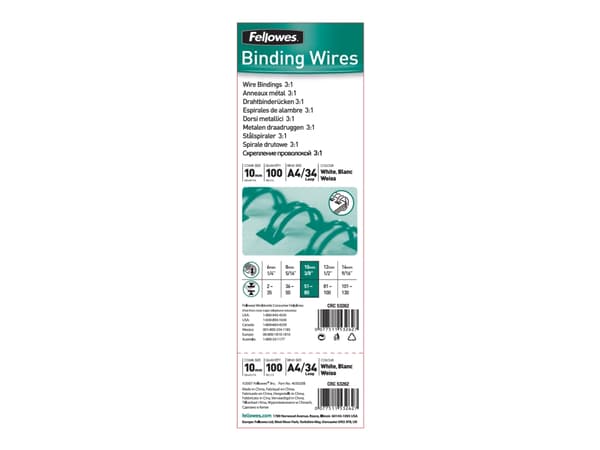 Fellowes 53258, Valkoinen, 60 arkkia, Metalli, A4, 16 mm, 9 mm