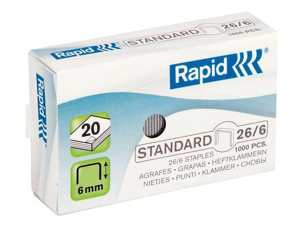 Rapid Standard - Klamrar - 26/6 - 6 mm - galvaniserat stål - paket med 1000 - för Classic K2, K45; Economy E15, E26; Fashion F18; Fashion StandUP Ult