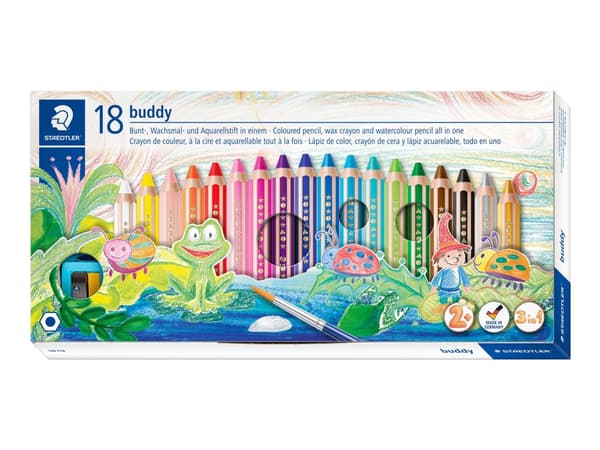 STAEDTLER buddy 3 in 1 - Fargeblyant - voks - for glass, kartong - assorterte farger - 9.5 mm (en pakke 18)