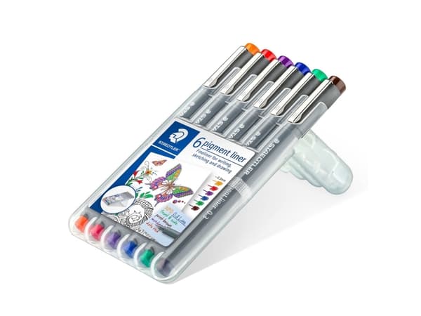 Staedtler Pigment Liner, Blå, Brun, Grønn, Oransje, Rød, Fiolett, Fint, Svart, Rund, Pigmentbasert blekk, 0,3 mm