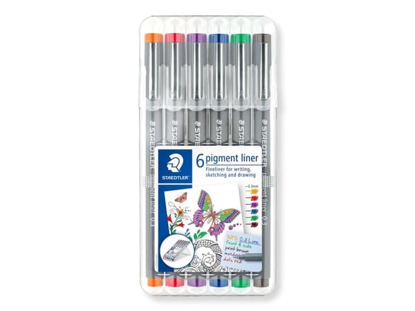 Staedtler Pigment Liner, Blå, Brun, Grønn, Oransje, Rød, Fiolett, Fint, Svart, Rund, Pigmentbasert blekk, 0,3 mm