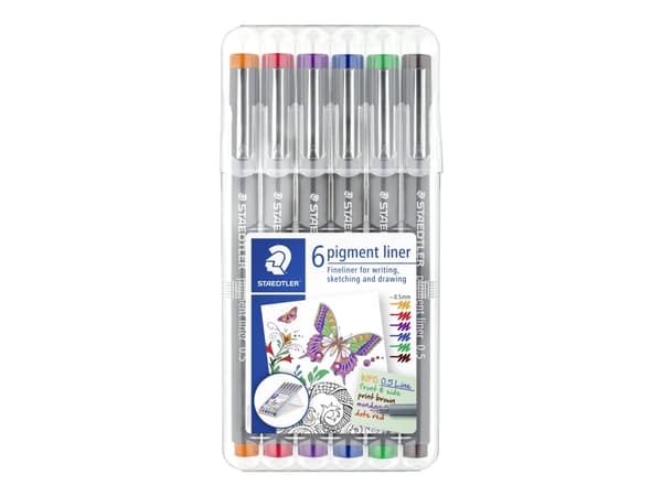 STAEDTLER pigment liner 308 - Fineliner - röd, blå, grön, orange, brun, mörklila - pigmentbläck - 0.5 mm (paket om 6)