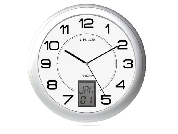 Unilux 100340853, Vegg, Kvartsklokke, Rund, Metallisk, Sølv, Akrylonitril-butadien-styren (ABS), Glass