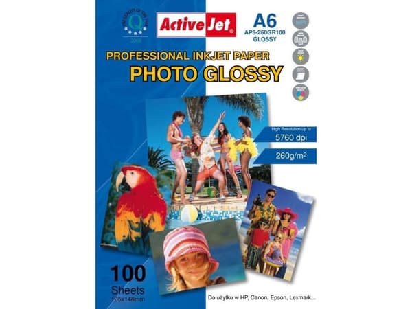 Activejet AP6-260GR100, valkoinen, kiiltävä, 260 g/m², mustesuihku, A6, hartsi
