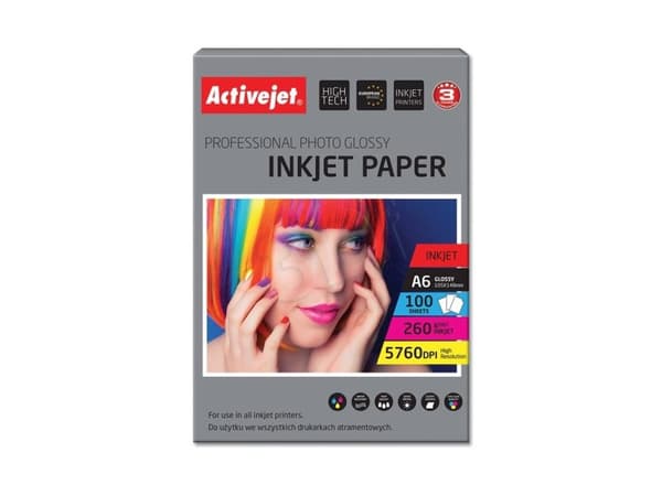 Activejet AP6-260GR100, valkoinen, kiiltävä, 260 g/m², mustesuihku, A6, hartsi
