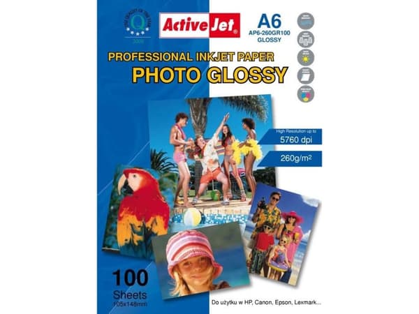 Activejet AP6-260GR100, valkoinen, kiiltävä, 260 g/m², mustesuihku, A6, hartsi