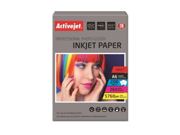 Activejet AP6-260GR200, Gloss, 260 g/m², Blekkdyse, A6, Hvit, Harpiks