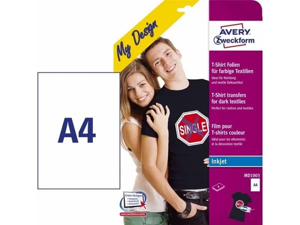 Avery Zweckform My Design Textilfolie für farbige Textilien - A4 (210 x 297 mm) 4 ark påstrykningsbilder