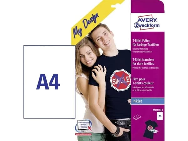 Avery Zweckform My Design Textilfolie für farbige Textilien - A4 (210 x 297 mm) 4 ark påstrykningsbilder