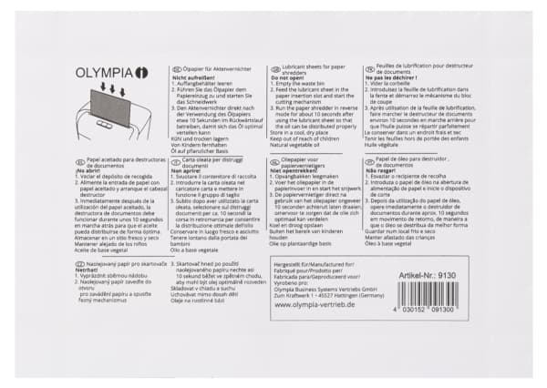 OLYMPIA - Smøreark for makuleringsmaskin (en pakke 12)