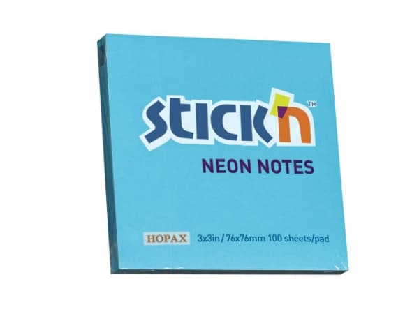 Notes Stick'N NEON blå 76x76mm 100blade - (12 stk.)