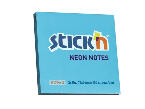 Notes Stick'N NEON blå 76x76mm 100blade - (12 stk.)