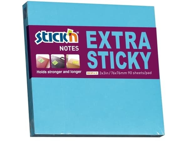 Notes Stick'N Extra Sticky blå 76x76mm 90blade - (12 stk.)