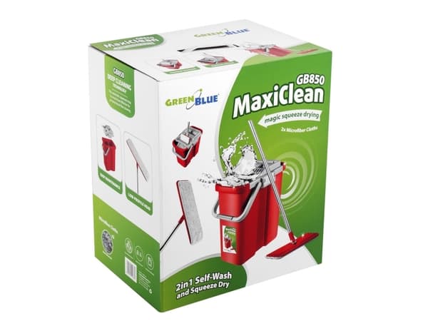 GreenBlue Flat Mop with Bucket and Wringer, Two HQ Microfiber Cartridges, 8L Capacity, MaxiClean GB850