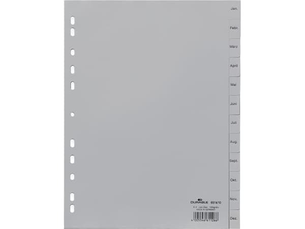 Durable 651410, Months tab index, Polypropylen (PP), Grå, Portrett, A4, 230 mm