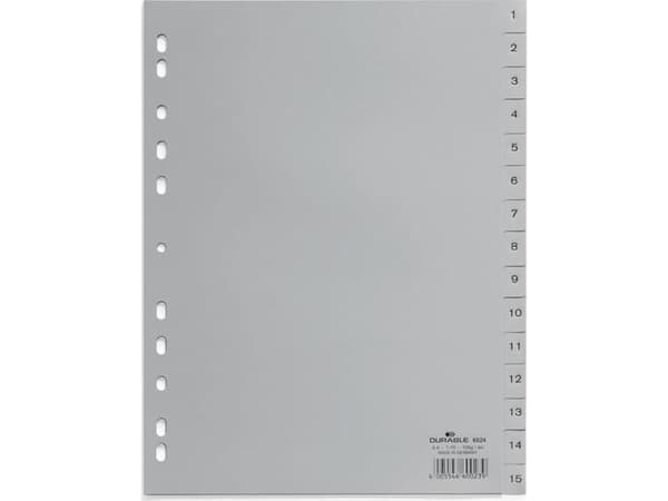 Durable 652410, Numeroitu välilehtihakemisto, Polypropeeni (PP), Harmaa, Muotokuva, A4, 230 mm