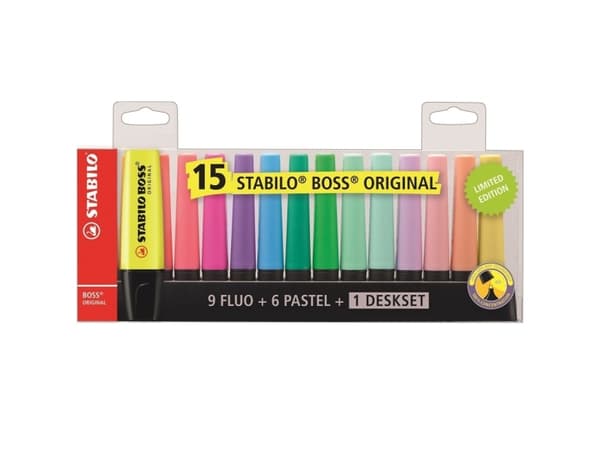 Overstregningspenne Stabilo Boss® Original med 15 stk. ass. farver - inkl. deskset
