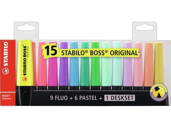 Overstregningspenne Stabilo Boss® Original med 15 stk. ass. farver - inkl. deskset