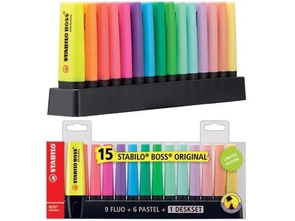 Overstregningspenne Stabilo Boss® Original med 15 stk. ass. farver - inkl. deskset