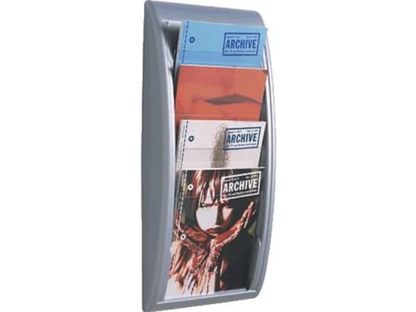 Brochureholder/skråfag Paperflow® A4 med 4 rum stående, grå/transparent