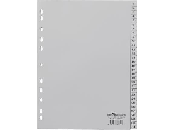 Kestävä 652310, Numeerinen välilehtirekisteri, Polypropeeni (PP), Harmaa, Muotokuvakoko, A4-muotokoko, 230 mm