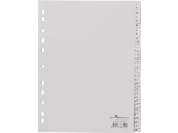 Kestävä 652310, Numeerinen välilehtirekisteri, Polypropeeni (PP), Harmaa, Muotokuvakoko, A4-muotokoko, 230 mm