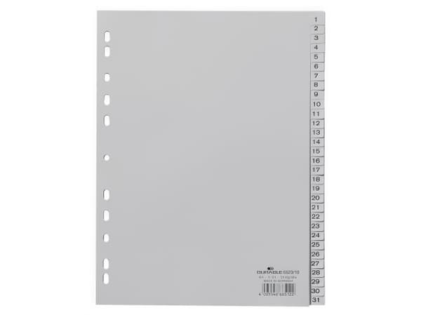 Kestävä 652310, Numeerinen välilehtirekisteri, Polypropeeni (PP), Harmaa, Muotokuvakoko, A4-muotokoko, 230 mm
