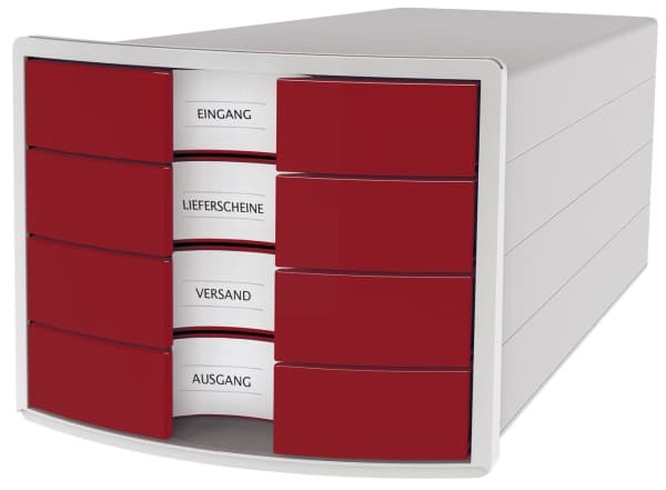 HAN IMPULS A4/C4, Plast, Polystyren, Grå, Röd, C4, A4, 4 lådor, Broschyr, Kataloger, Kuvert, Klämmapp, Mapp, Brev, Note, papper, Plastficka