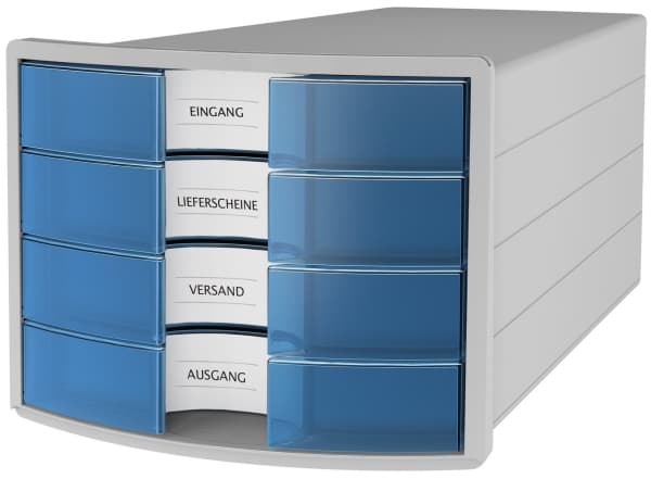 HAN IMPULS A4/C4, Plast, Polystyren, Blå, Grå, Transparent, C4, A4, 4 lådor, Broschyr, Katalog, Kuvert, Platta mappar, Mapp, Brev, Anteckningar, Papp