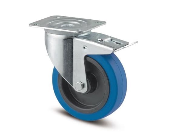Drejeligt hjul m/ bremse, blå elastisk gummi, Ø100 mm, 160 kg, rulleleje, med plade Byggehøjde: 128