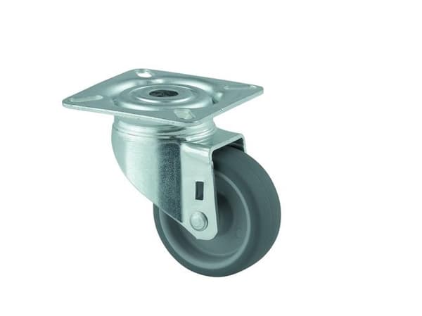 Drejeligt hjul, gummi, Ø50 mm, 50 kg, glideleje, med plade Byggehøjde: 69 mm. Driftstemperatur: -20
