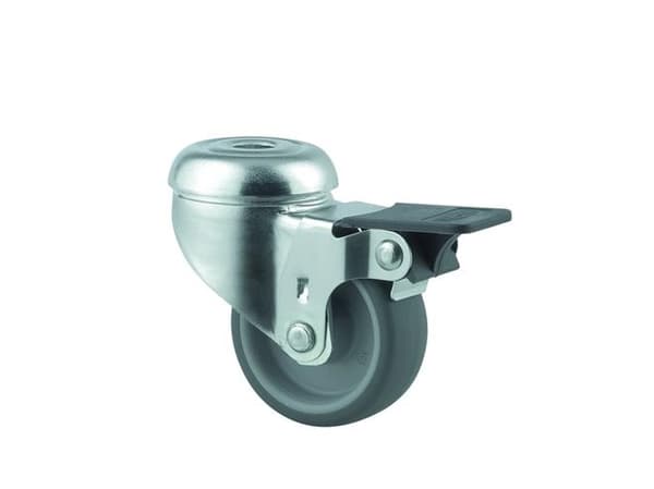 Drejeligt hjul med bremse, gummi, 50 mm, 50 kg, glideleje, med bolthul Byggehøjde: 69 mm. Driftstemp