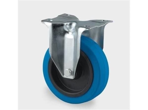 Fast hjul, blått elastiskt gummi, Ø100 mm, 160 kg, rullager, med platta Konstruktionshöjd: 128 mm