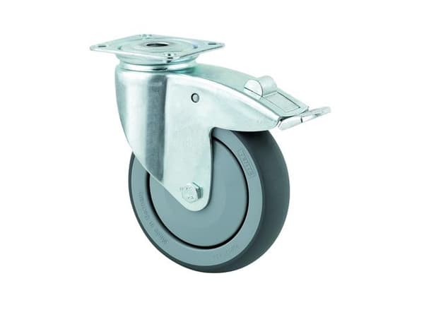 Rullhjul med broms, gummi, Ø100 mm, 100 kg, DIN kullager, med platta Konstruktionshöjd: 135 mm