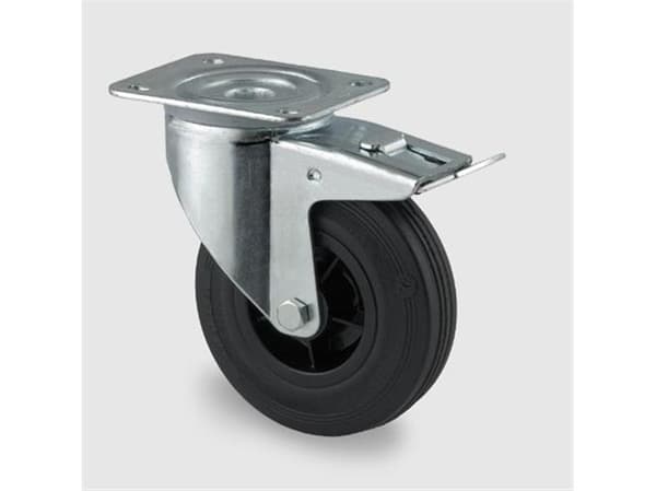 Kääntöpyörä jarrulla, musta täyskumi, Ø160 mm, 135 kg, rullalaakeri, levyllä Kokonaiskorkeus: 200 kg