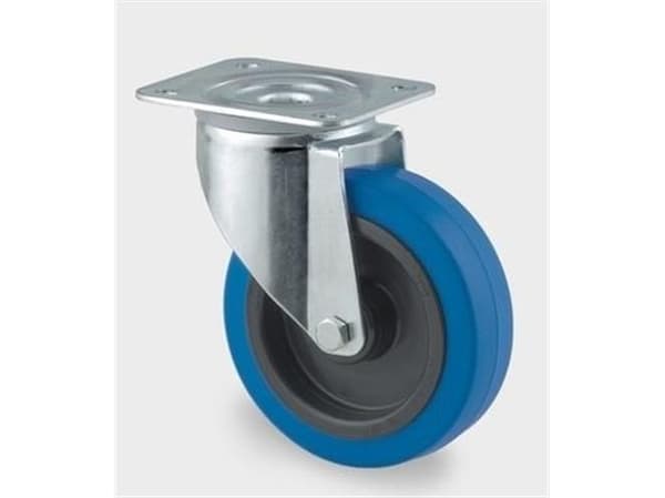 Drejeligt hjul, elastik gummi, blå, Ø100 mm, 160 kg, rulleleje, med plade Byggehøjde: 128 mm. Drifts