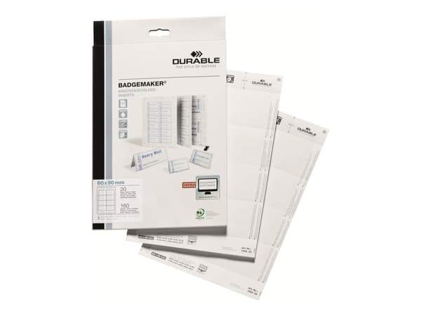 DURABLE - Hvit - 60 x 90 mm - 150 g/m² - 160 kort (20 ark x 8) navneskiltkort - for P/N: 8003-19, 8106-03, 8106-06, 8106-19, 8603-19, 8612-19