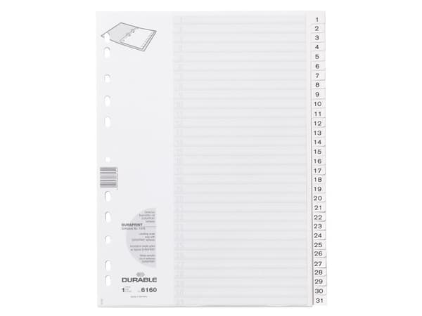 Durable 616002, Numeroitu välilehtihakemisto, Valkoinen, Muotokuva, A4, 230 mm, 297 mm
