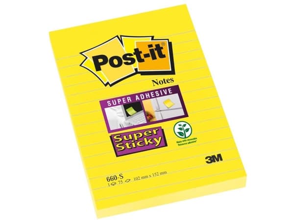 Post-it Super Sticky 660-S - Noter - 102 x 152 mm - 75 ark - påskeliljegul - linjert