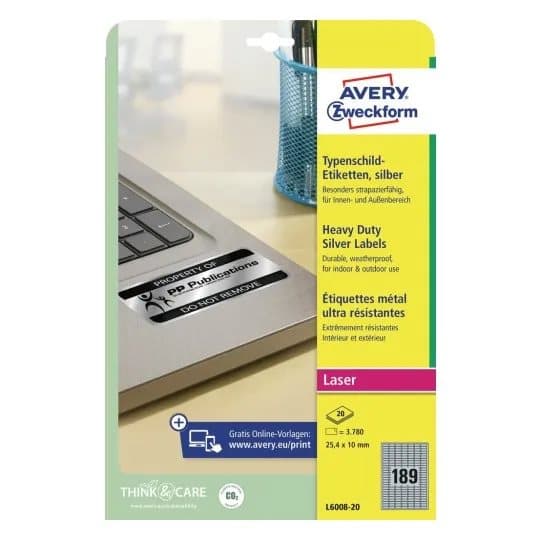 Etiketter, Avery L6008, 25,4 x 10 mm, 189 pr. ark, 20 ark