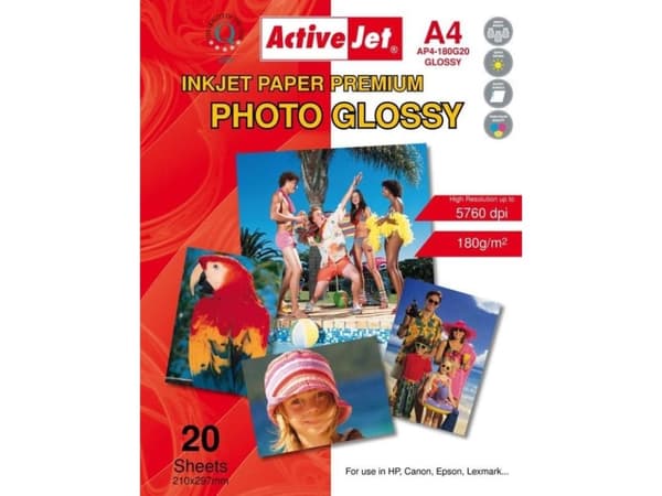 Activejet AP4-180G20, Kiilto, 180 g/m², Mustesuihku, A4, 21x29.7 cm, Valkoinen