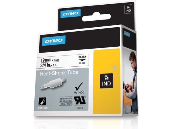 DYMO Shrinkflex valkoinen 19 mm, kutistesuhde 3:1, pituus 1,5 metriä, kaapelin halkaisija min. 4,64 mm max. 8,70 mm