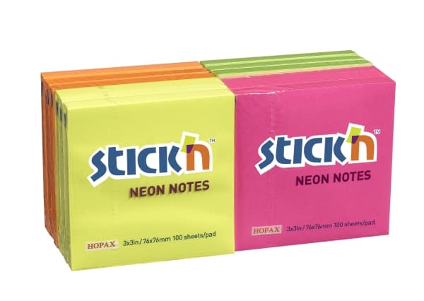 Notes Stick'N Neon gul, blå, magenta, purple 76x127mm 12blk